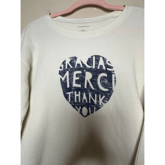 By Anthropologie Heartfelt Merci Graphic Top Waffle Knit Womens Size Small Cream - Picture 5 of 7